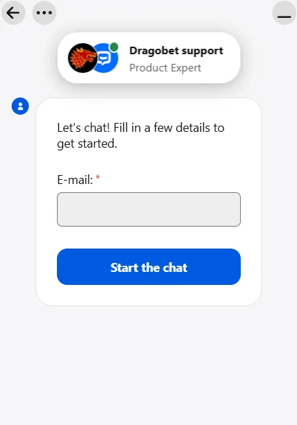 Dragobet Casino Live Chat Support Dragobet Casino live chat support scherm met e-mailveld en start chat knop