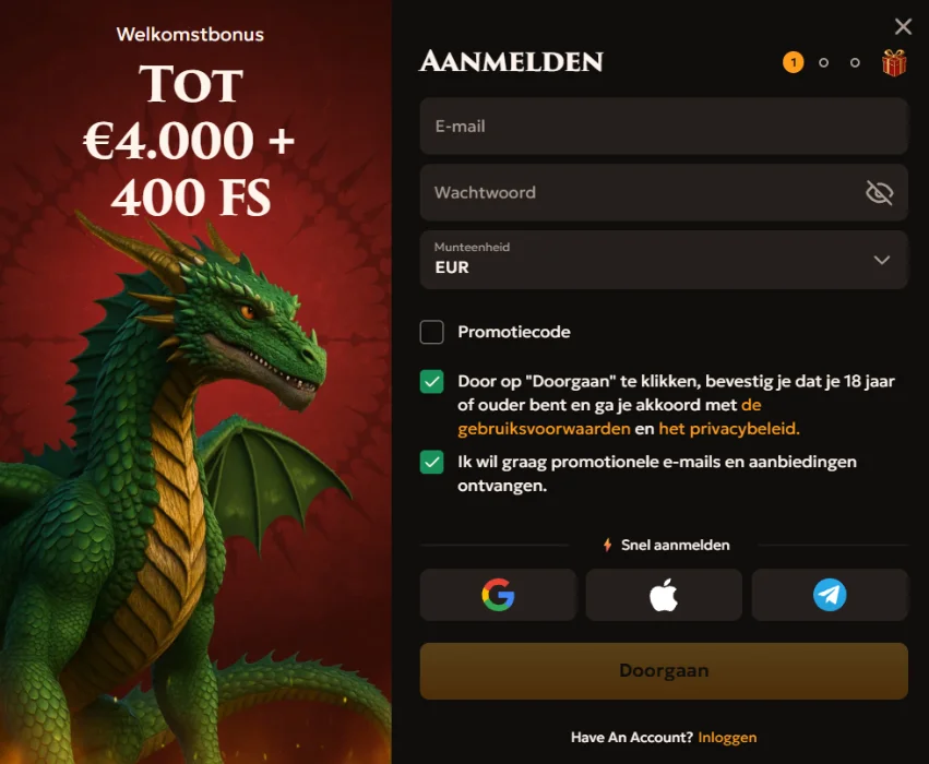Winnerz Casino Aanmelden Welkomstbonus Winnerz Casino aanmeldscherm met welkomstbonus tot €4.000, 400 free spins en draak